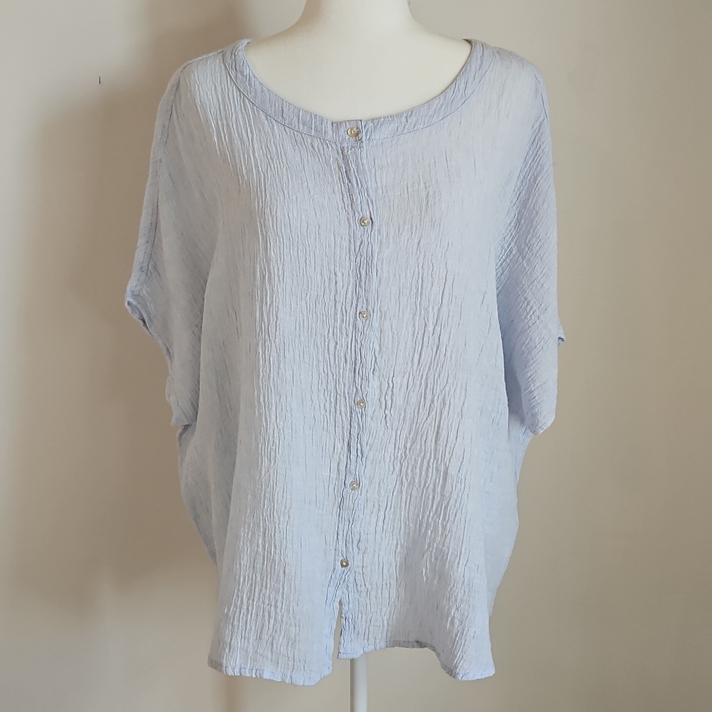 Tahari Linen SM Oversize Boxy Blouse Tunic Beachy Coastal Euro Summer